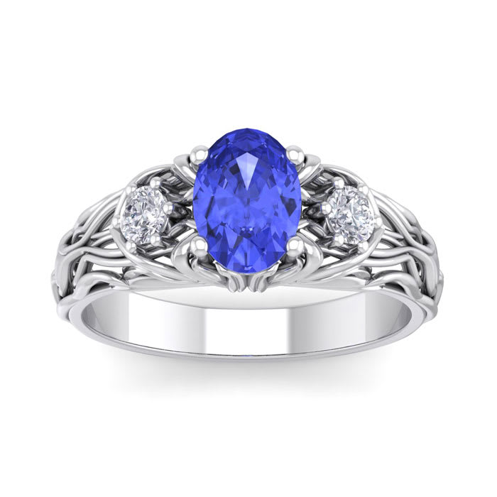 1 1/10 Carat Oval Shape Tanzanite and Diamond Intricate Vine Engagement Ring In 14 Karat White Gold