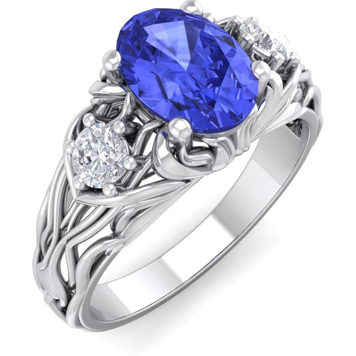 1 1/10 Carat Oval Shape Tanzanite and Diamond Intricate Vine Engagement Ring In 14 Karat White Gold