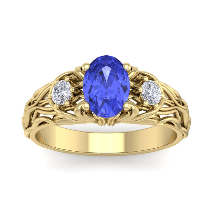 1 1/10 Carat Oval Shape Tanzanite and Diamond Intricate Vine Engagement Ring In 14 Karat Yellow Gold