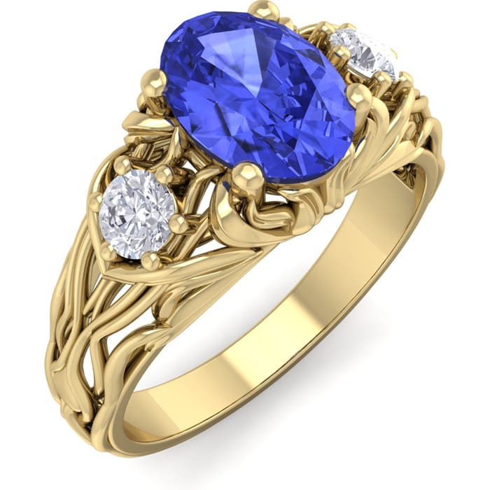 1 1/10 Carat Oval Shape Tanzanite and Diamond Intricate Vine Engagement Ring In 14 Karat Yellow Gold
