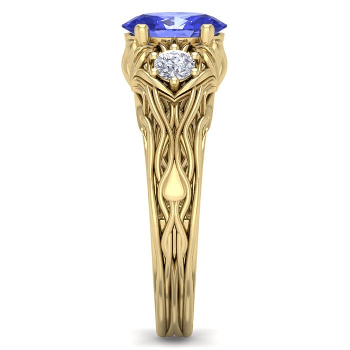 1 1/10 Carat Oval Shape Tanzanite and Diamond Intricate Vine Engagement Ring In 14 Karat Yellow Gold