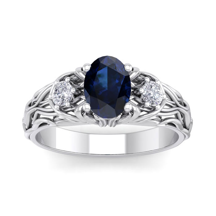 1 1/5 Carat Oval Shape Sapphire and Diamond Intricate Vine Engagement Ring In 14 Karat White Gold
