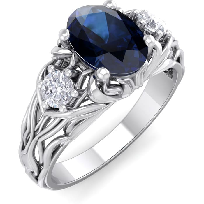 1 1/5 Carat Oval Shape Sapphire and Diamond Intricate Vine Engagement Ring In 14 Karat White Gold