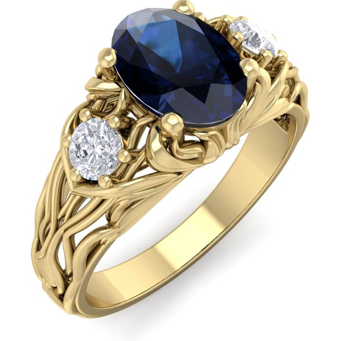 1 1/5 Carat Oval Shape Sapphire and Diamond Intricate Vine Engagement Ring In 14 Karat Yellow Gold