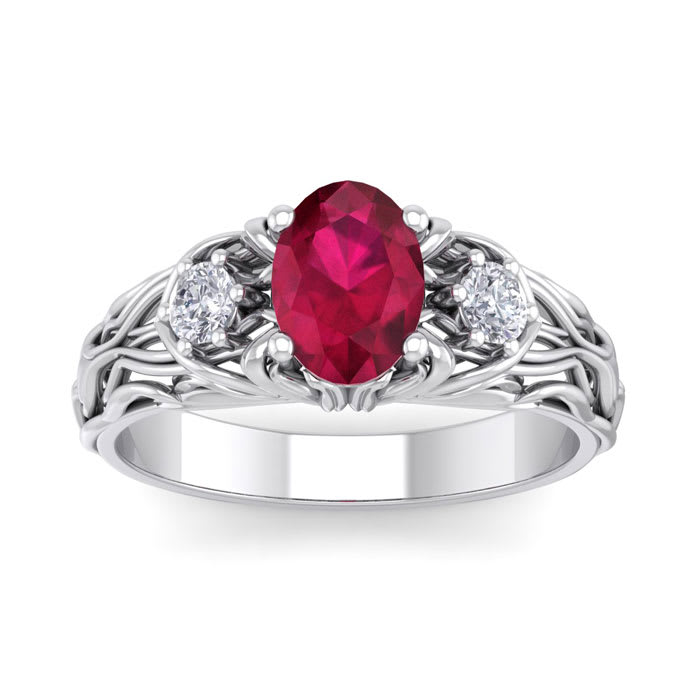 1 1/10 Carat Oval Shape Ruby and Diamond Intricate Vine Engagement Ring In 14 Karat White Gold