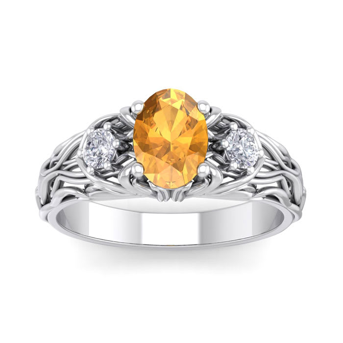 1 Carat Oval Shape Citrine and Diamond Intricate Vine Engagement Ring In 14 Karat White Gold