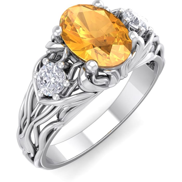 1 Carat Oval Shape Citrine and Diamond Intricate Vine Engagement Ring In 14 Karat White Gold