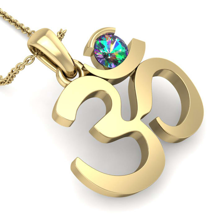 1/3 Carat Mystic Topaz Om Necklace In 14 Karat Yellow Gold, 18 Inches