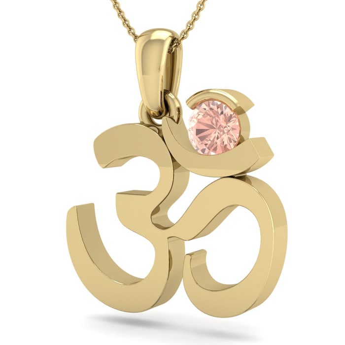 1/4 Carat Round Shape Morganite Om Necklace In 14 Karat Yellow Gold With 18 Inch Chain