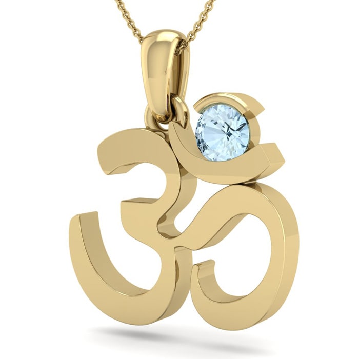 Aquamarine Necklace: Aquamarine Jewelry: 1/4 Carat Aquamarine Om Necklace In 14 Karat Yellow Gold, 18 Inches