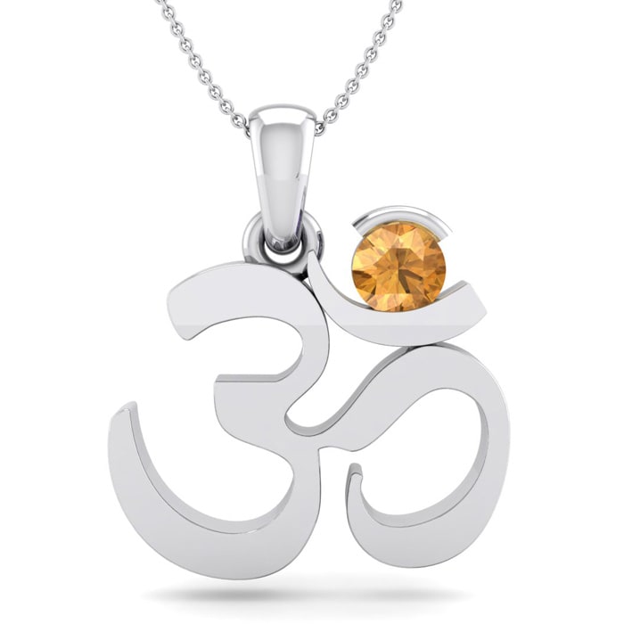 1/4 Carat Citrine Om Necklace In 14 Karat White Gold, 18 Inches