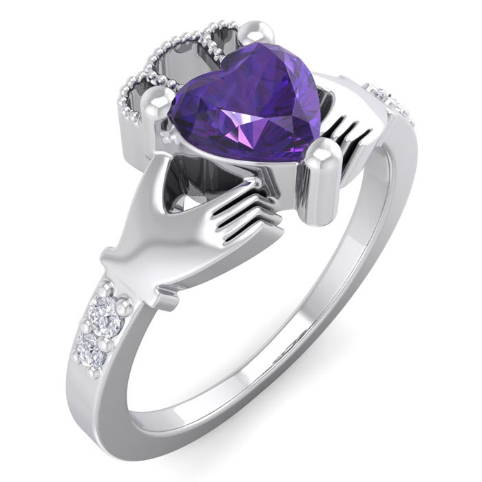 3/4 Carat Heart Shape Amethyst and Diamond Claddagh Ring In 14 Karat White Gold