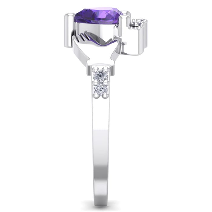 3/4 Carat Heart Shape Amethyst and Diamond Claddagh Ring In 14 Karat White Gold