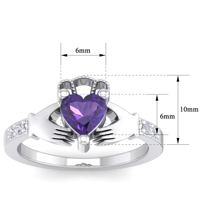 3/4 Carat Heart Shape Amethyst and Diamond Claddagh Ring In 14 Karat White Gold
