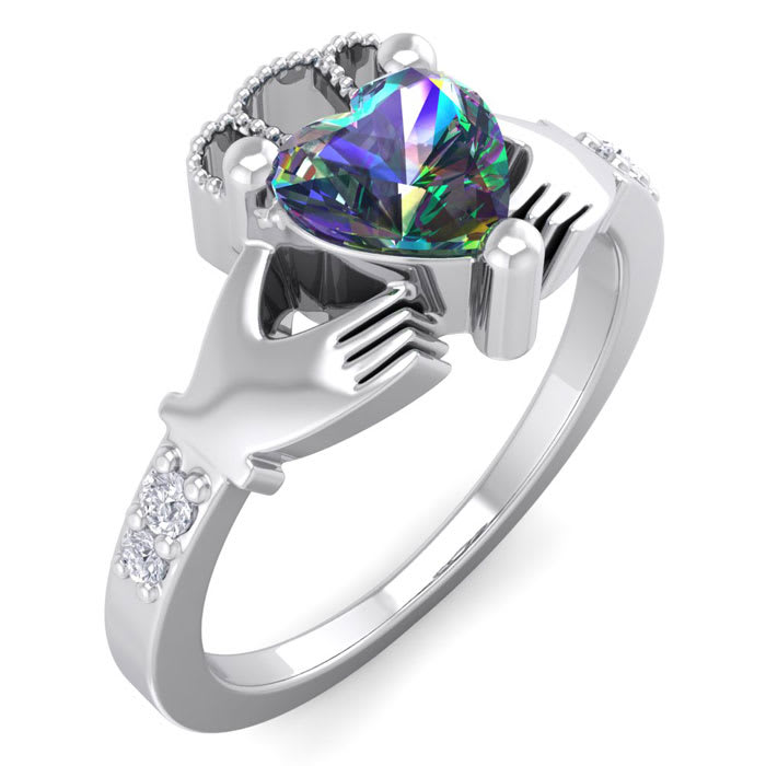 1 Carat Heart Shape Claddagh Mystic Topaz Ring and Diamonds In 14 Karat White Gold
