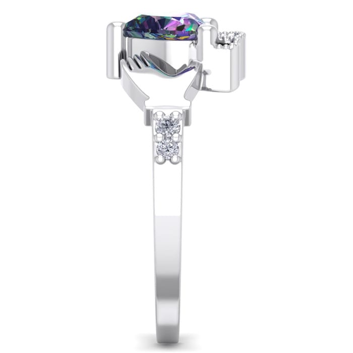 1 Carat Heart Shape Claddagh Mystic Topaz Ring and Diamonds In 14 Karat White Gold