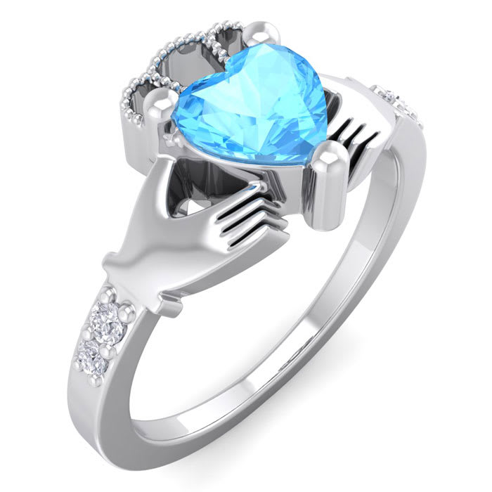 1 Carat Heart Shape Blue Topaz and Diamond Claddagh Ring In 14 Karat White Gold