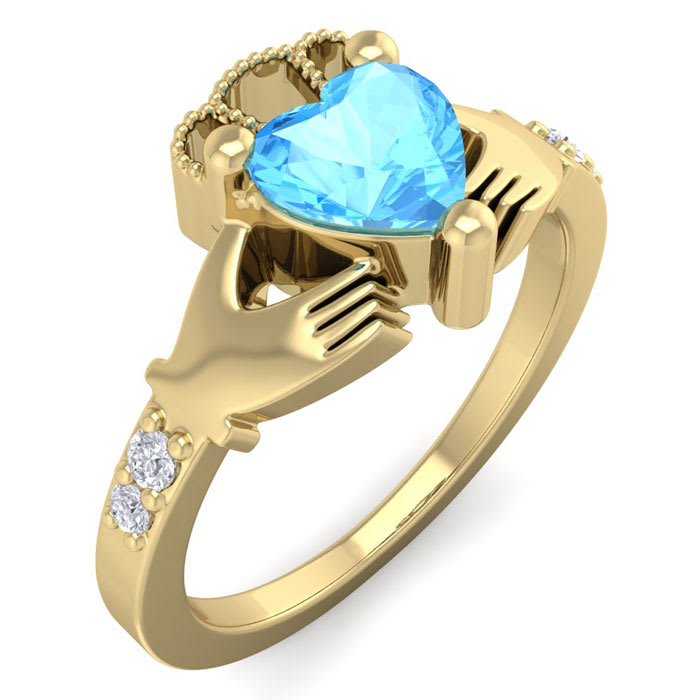 1 Carat Heart Shape Blue Topaz and Diamond Claddagh Ring In 14 Karat Yellow Gold
