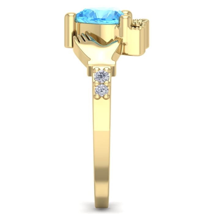 1 Carat Heart Shape Blue Topaz and Diamond Claddagh Ring In 14 Karat Yellow Gold