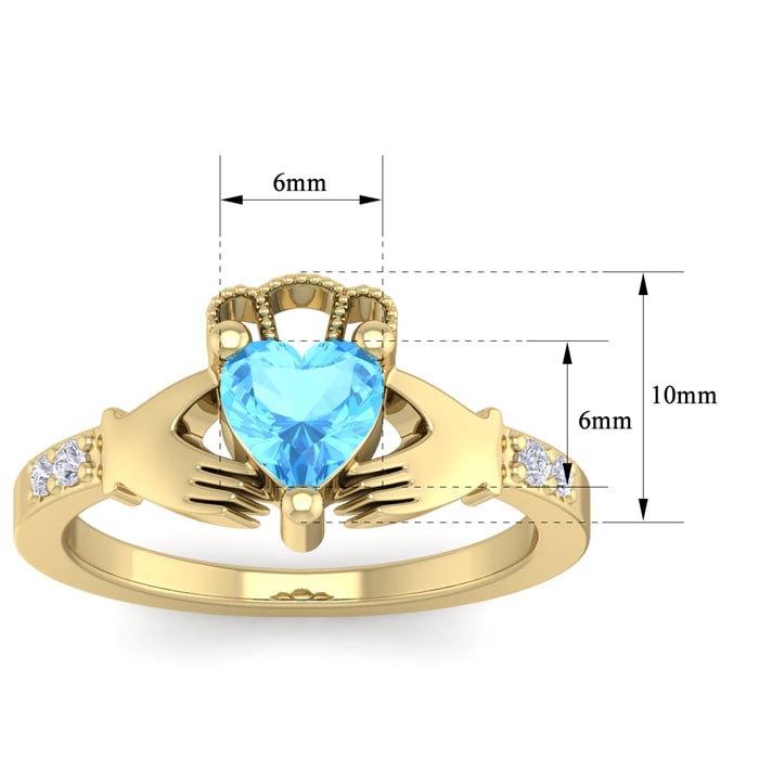 1 Carat Heart Shape Blue Topaz and Diamond Claddagh Ring In 14 Karat Yellow Gold