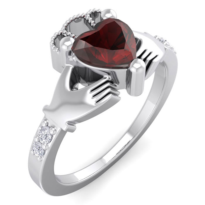 Garnet Ring: Garnet Jewelry: 1 1/5 Carat Heart Shape Garnet and Diamond Claddagh Ring In 14 Karat White Gold