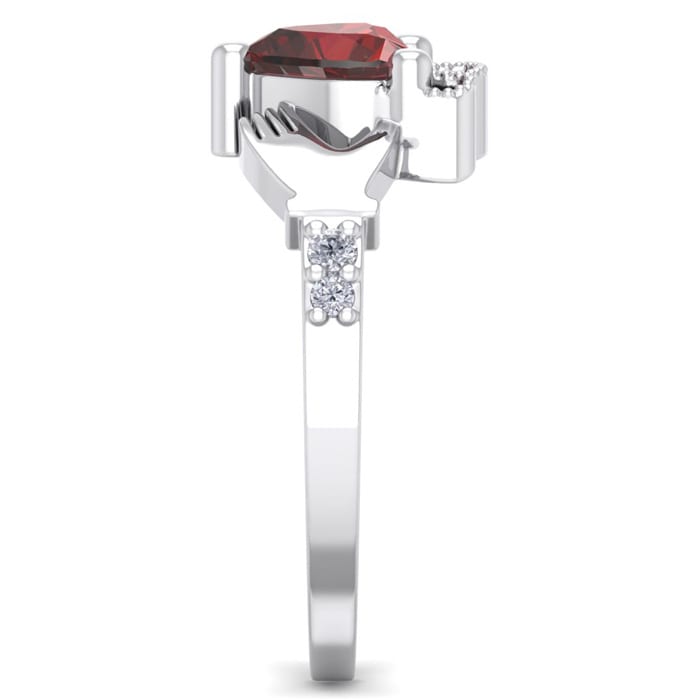Garnet Ring: Garnet Jewelry: 1 1/5 Carat Heart Shape Garnet and Diamond Claddagh Ring In 14 Karat White Gold