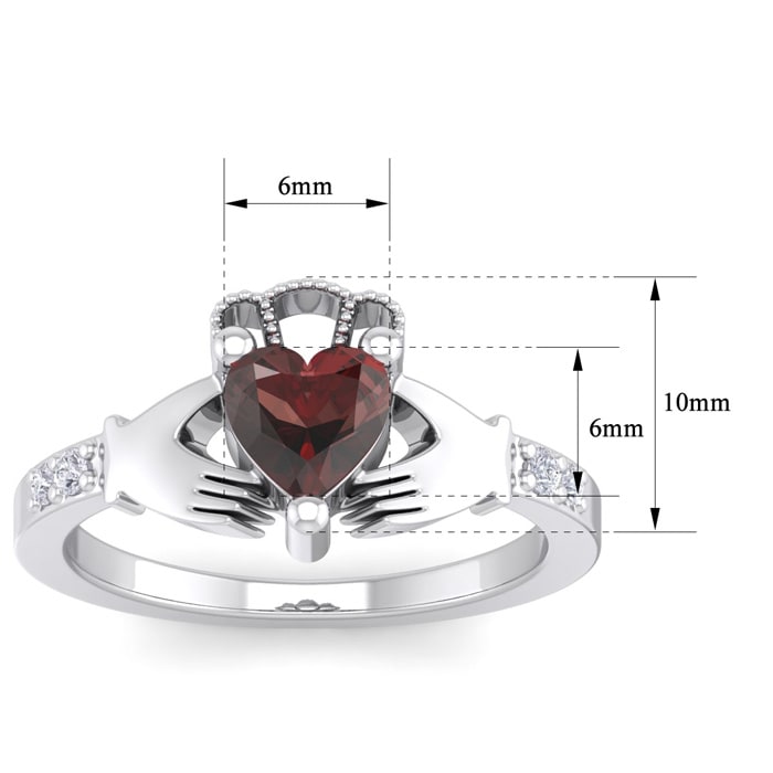 Garnet Ring: Garnet Jewelry: 1 1/5 Carat Heart Shape Garnet and Diamond Claddagh Ring In 14 Karat White Gold