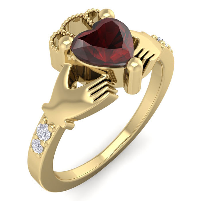 Garnet Ring: Garnet Jewelry: 1 1/5 Carat Heart Shape Garnet and Diamond Claddagh Ring In 14 Karat Yellow Gold