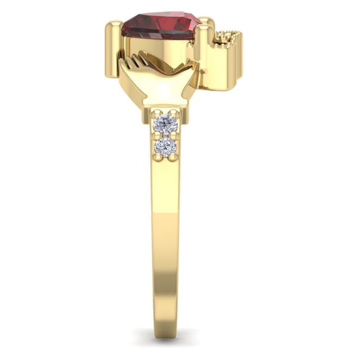 Garnet Ring: Garnet Jewelry: 1 1/5 Carat Heart Shape Garnet and Diamond Claddagh Ring In 14 Karat Yellow Gold