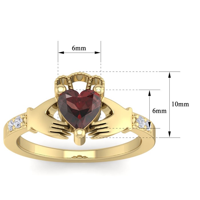 Garnet Ring: Garnet Jewelry: 1 1/5 Carat Heart Shape Garnet and Diamond Claddagh Ring In 14 Karat Yellow Gold