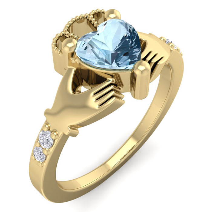 Aquamarine Ring: Aquamarine Jewelry: 3/4 Carat Heart Shape Aquamarine and Diamond Claddagh Ring In 14 Karat Yellow Gold