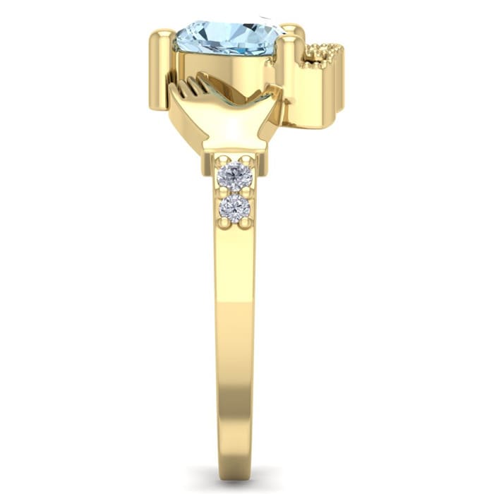 Aquamarine Ring: Aquamarine Jewelry: 3/4 Carat Heart Shape Aquamarine and Diamond Claddagh Ring In 14 Karat Yellow Gold