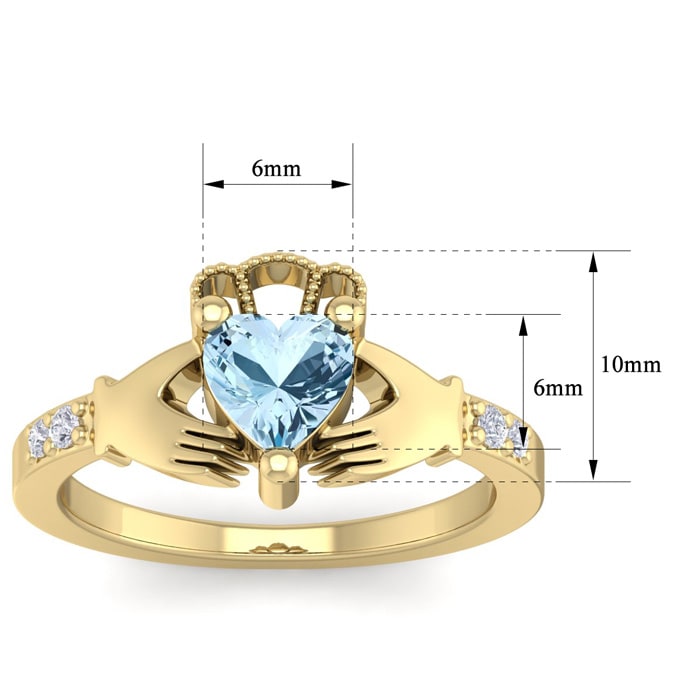 Aquamarine Ring: Aquamarine Jewelry: 3/4 Carat Heart Shape Aquamarine and Diamond Claddagh Ring In 14 Karat Yellow Gold