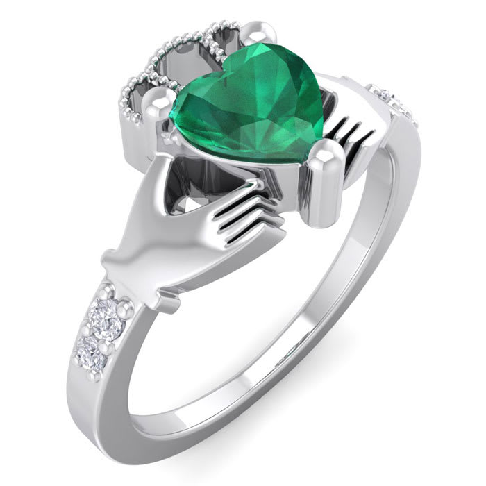 3/4 Carat Heart Shape Emerald and Diamond Claddagh Ring In 14 Karat White Gold