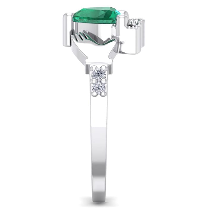 3/4 Carat Heart Shape Emerald and Diamond Claddagh Ring In 14 Karat White Gold