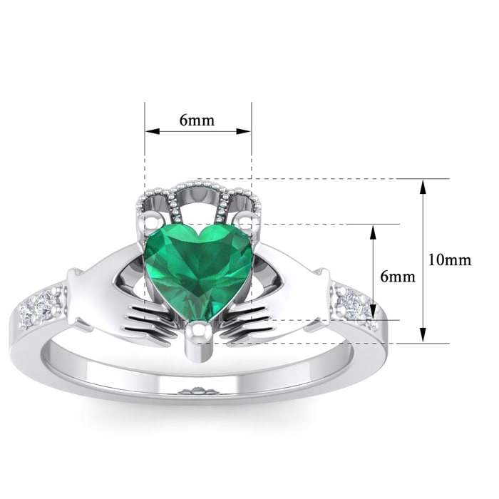 3/4 Carat Heart Shape Emerald and Diamond Claddagh Ring In 14 Karat White Gold
