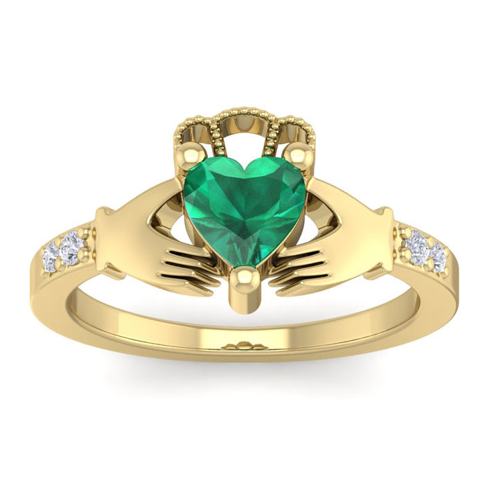 3/4 Carat Heart Shape Emerald and Diamond Claddagh Ring In 14 Karat Yellow Gold