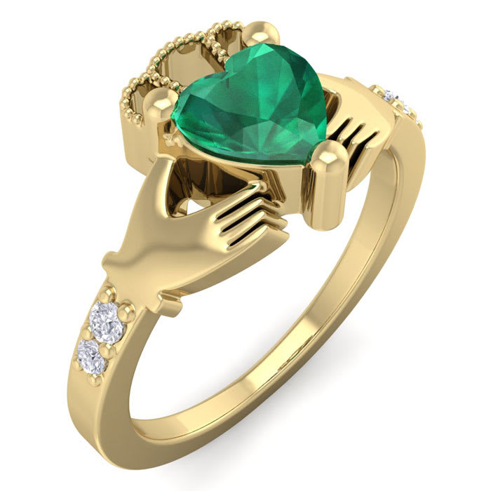 3/4 Carat Heart Shape Emerald and Diamond Claddagh Ring In 14 Karat Yellow Gold
