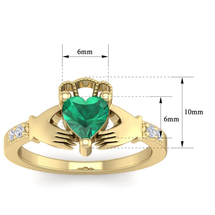 3/4 Carat Heart Shape Emerald and Diamond Claddagh Ring In 14 Karat Yellow Gold
