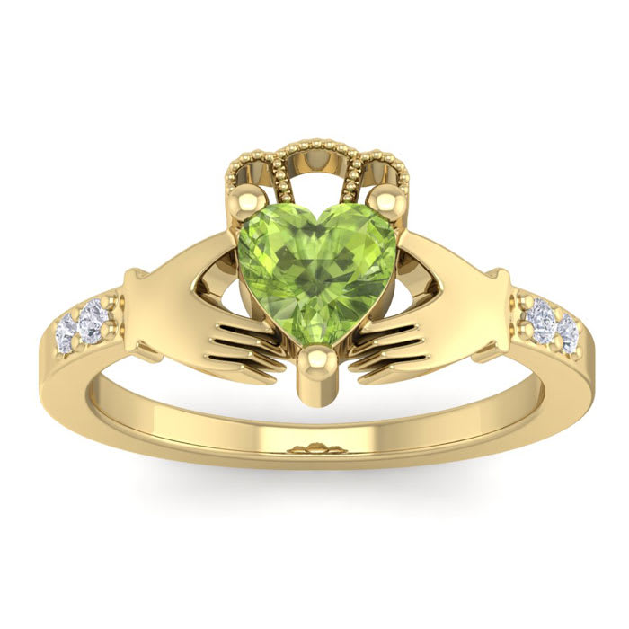 1 Carat Heart Shape Peridot and Diamond Claddagh Ring In 14 Karat Yellow Gold