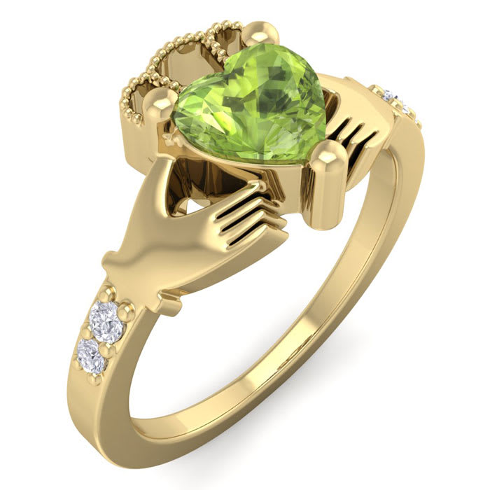 1 Carat Heart Shape Peridot and Diamond Claddagh Ring In 14 Karat Yellow Gold