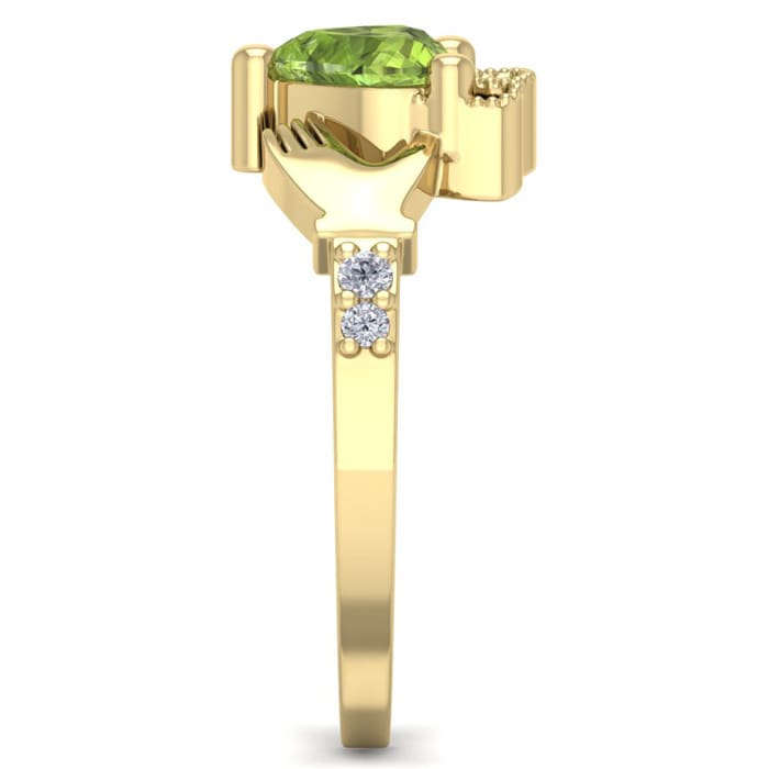 1 Carat Heart Shape Peridot and Diamond Claddagh Ring In 14 Karat Yellow Gold