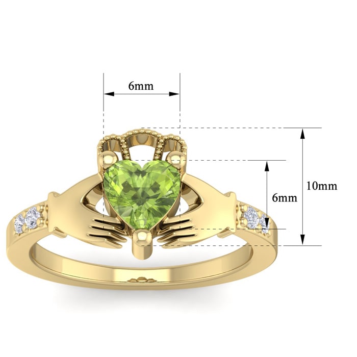 1 Carat Heart Shape Peridot and Diamond Claddagh Ring In 14 Karat Yellow Gold
