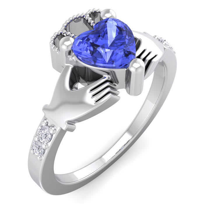 1 Carat Heart Shape Tanzanite and Diamond Claddagh Ring In 14 Karat White Gold
