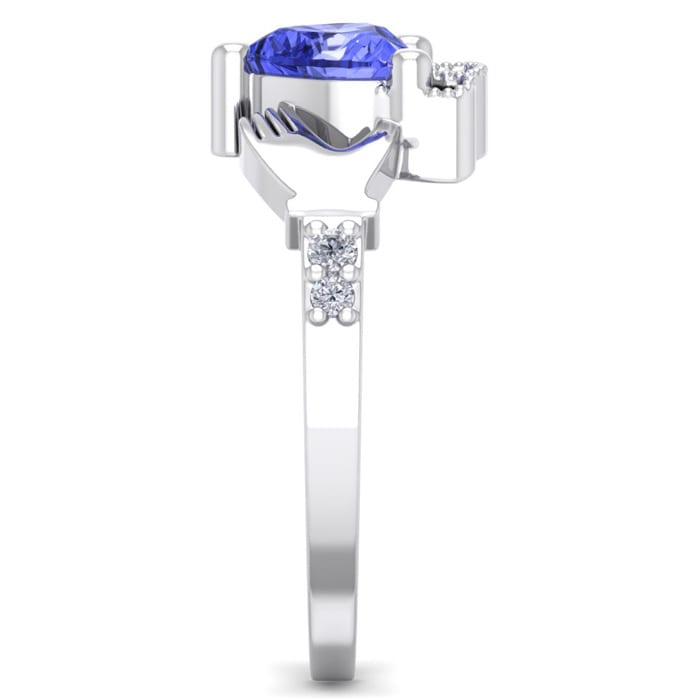 1 Carat Heart Shape Tanzanite and Diamond Claddagh Ring In 14 Karat White Gold