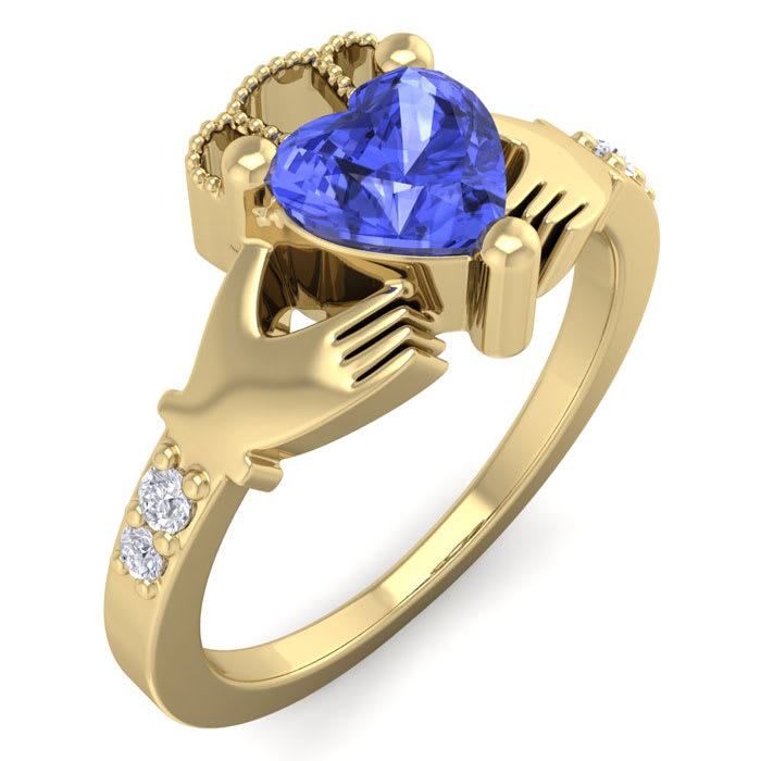 1 Carat Heart Shape Tanzanite and Diamond Claddagh Ring In 14 Karat Yellow Gold