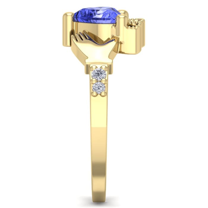 1 Carat Heart Shape Tanzanite and Diamond Claddagh Ring In 14 Karat Yellow Gold