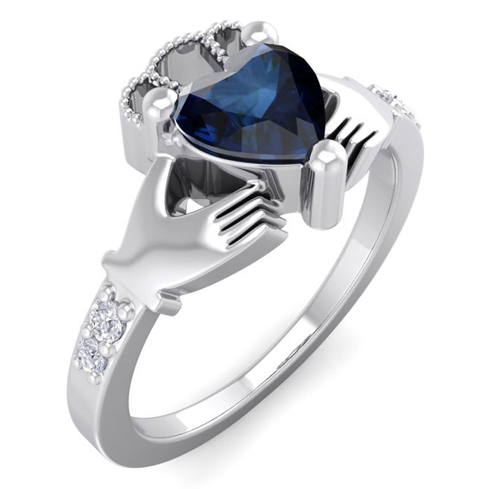 1 1/5 Carat Heart Shape Sapphire and Diamond Claddagh Ring In 14 Karat White Gold