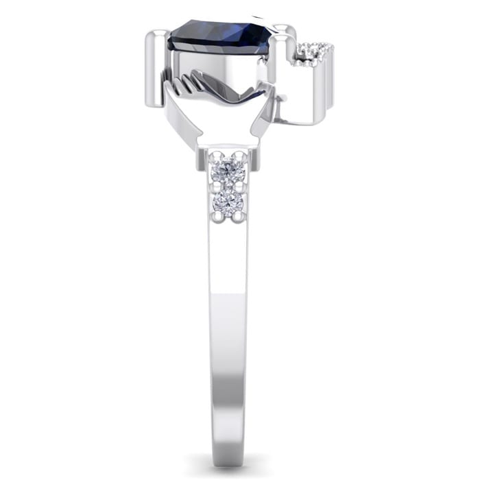1 1/5 Carat Heart Shape Sapphire and Diamond Claddagh Ring In 14 Karat White Gold