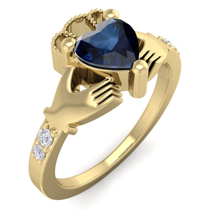 1 1/5 Carat Heart Shape Sapphire and Diamond Claddagh Ring In 14 Karat Yellow Gold
